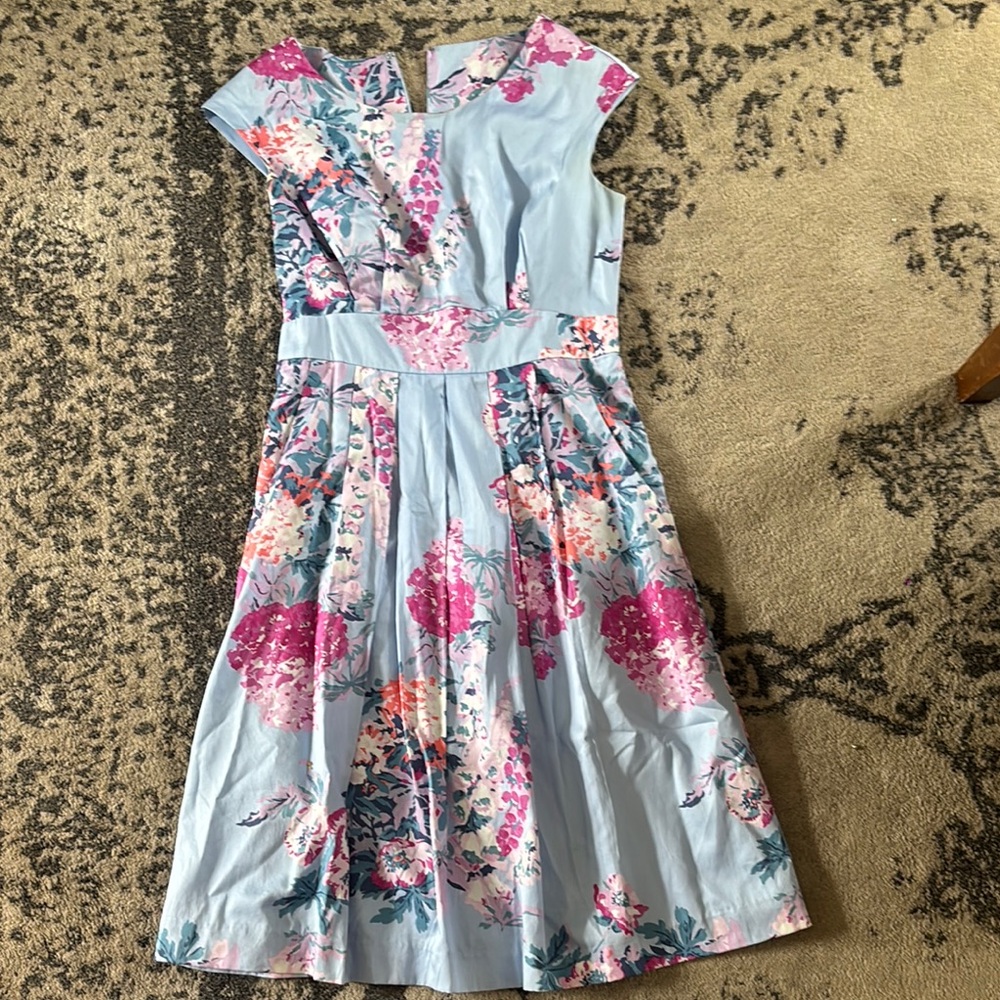 Joules Blue and Green Pleated Midi Dress for Wedding Guest